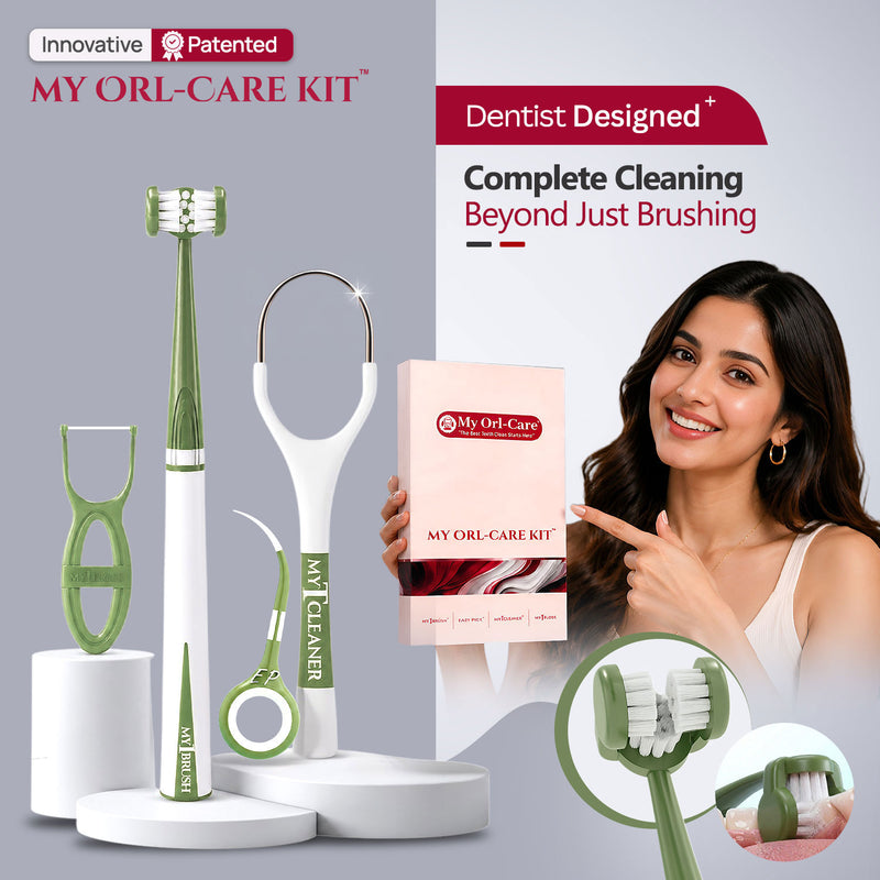 My Orl-Care Kit - Complete Daily Oral Hygiene Kit (3-Sided Manual Soft Bristle Toothbrush, Floss Picks, Tongue Cleaner, Toothpicks)