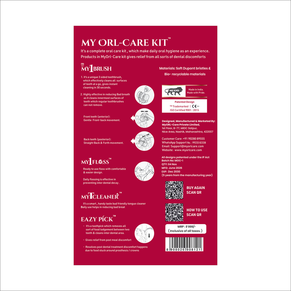 My Orl-Care Kit - Complete Daily Oral Hygiene Kit (3-Sided Manual Soft Bristle Toothbrush, Floss Picks, Tongue Cleaner, Toothpicks)