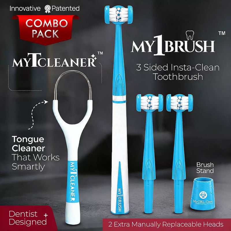 Combo - My1Brush (3 Sided Manual Soft Bristle Toothbrush + MyTCleaner ( Tongue Cleaner)