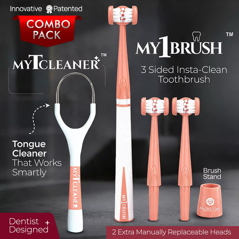 Combo - My1Brush (3 Sided Manual Soft Bristle Toothbrush + MyTCleaner ( Tongue Cleaner)