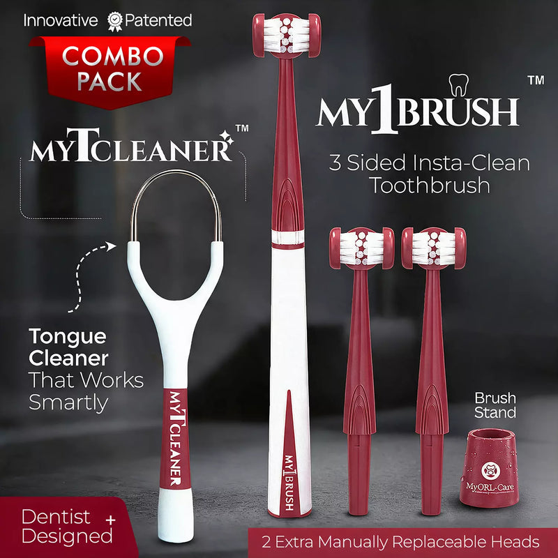 Combo - My1Brush (3 Sided Manual Soft Bristle Toothbrush + MyTCleaner ( Tongue Cleaner)