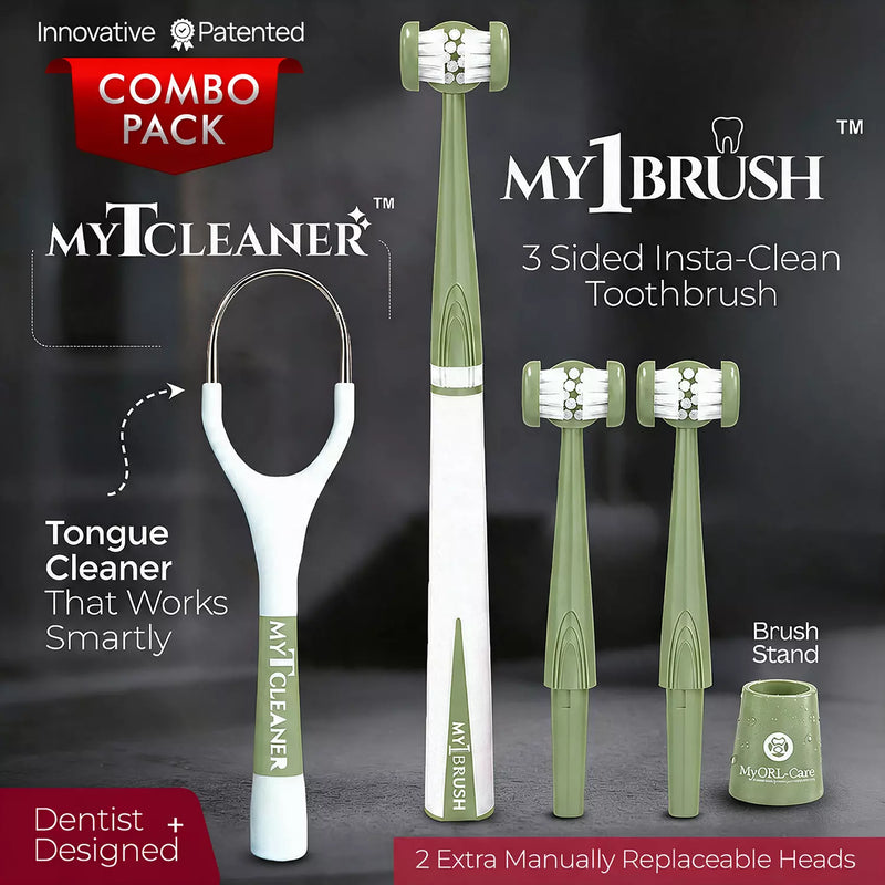 Combo - My1Brush (3 Sided Manual Soft Bristle Toothbrush + MyTCleaner ( Tongue Cleaner)