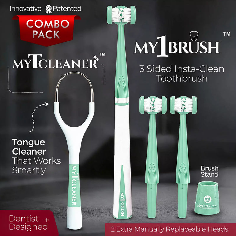 Combo - My1Brush (3 Sided Manual Soft Bristle Toothbrush + MyTCleaner ( Tongue Cleaner)