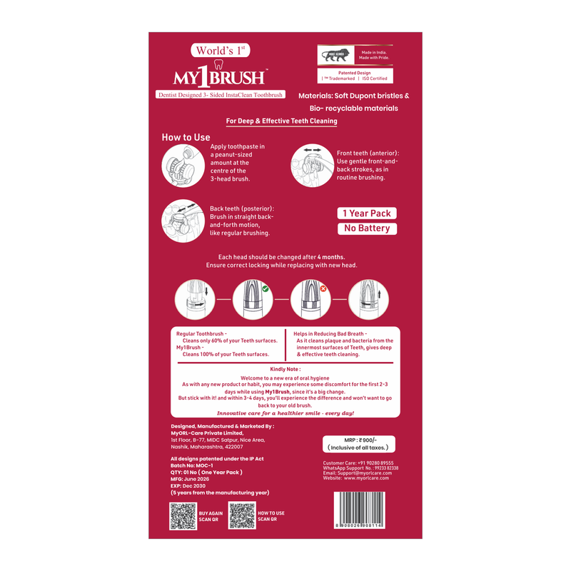 Combo - My1Brush (3 Sided Manual Soft Bristle Toothbrush + MyTCleaner ( Tongue Cleaner)