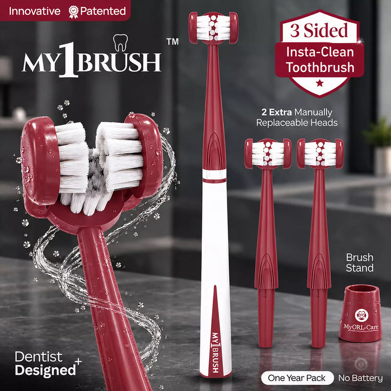 My1Brush - Innovative 3 Sided Insta-Clean Toothbrush | Manual | Soft Bristles |  1 Year pack with 2 replaceable heads