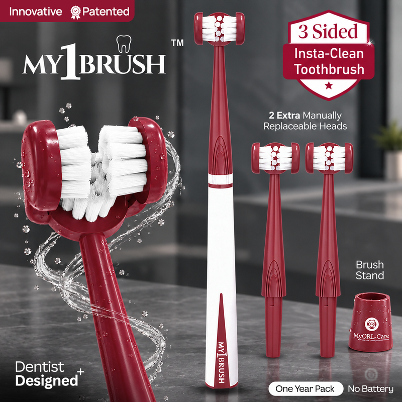 My1Brush - Innovative 3 Sided Insta-Clean Toothbrush | Manual | Soft Bristles |  1 Year pack with 2 replaceable heads