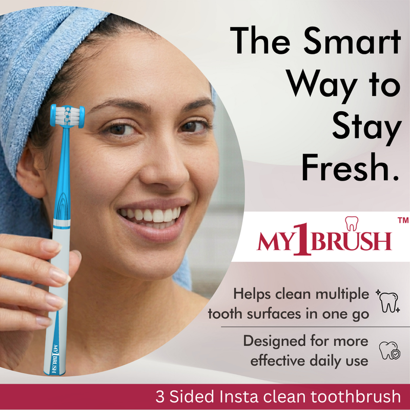 My1Brush - Innovative 3 Sided Insta-Clean Toothbrush | Manual | Soft Bristles |  1 Year pack with 2 replaceable heads