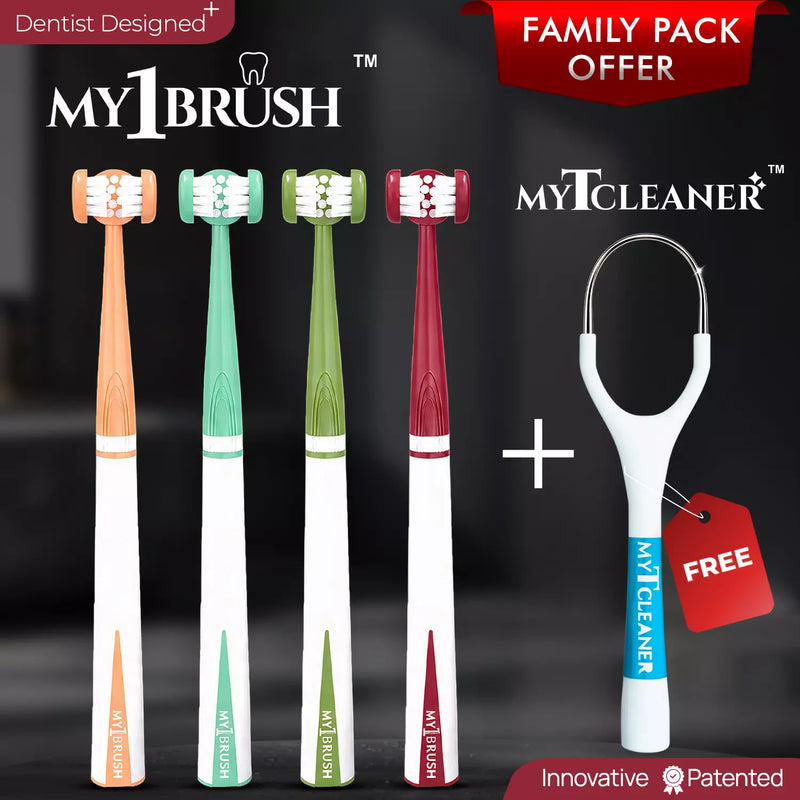 My1Brush Family Pack (4 Soft Bristle Brushes) + Free Tongue Cleaner | Super Saver Pack