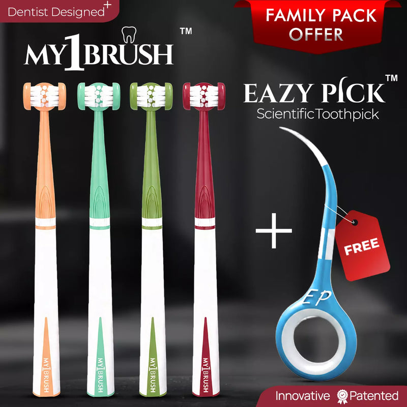 My1Brush Family Pack (4 Ultra Soft Bristle Brushes) + Free EazyPick (Pack of 5) | Super Saver Pack