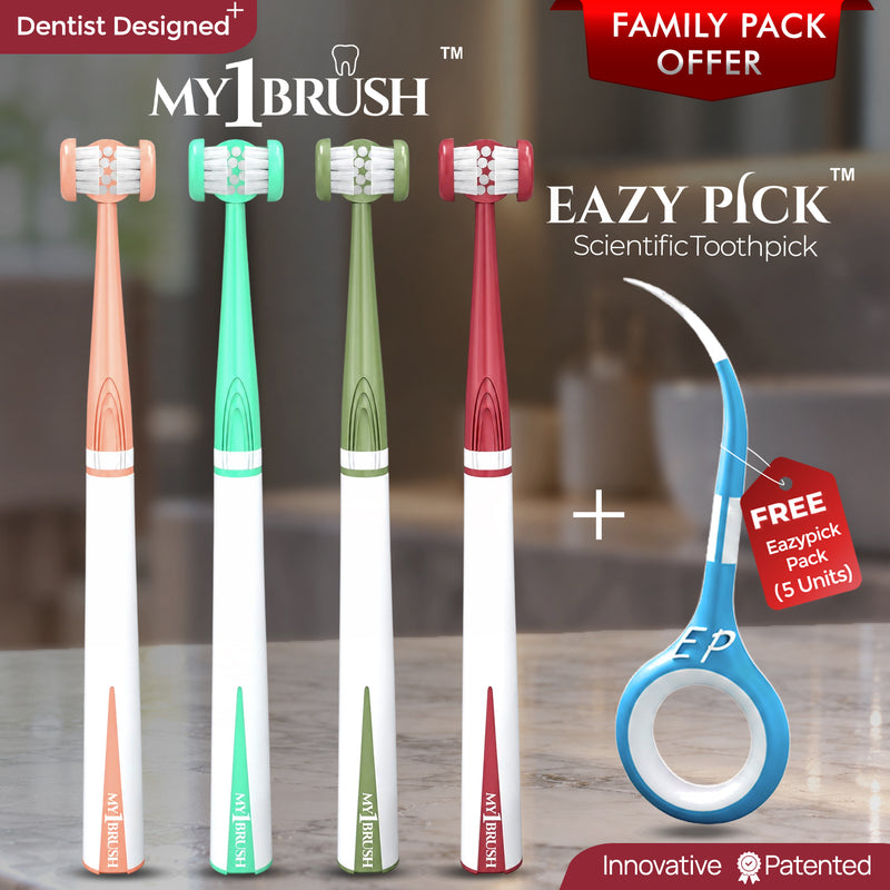 My1Brush Family Pack + EazyPick | 4 Toothbrushes + Interdental Toothpick