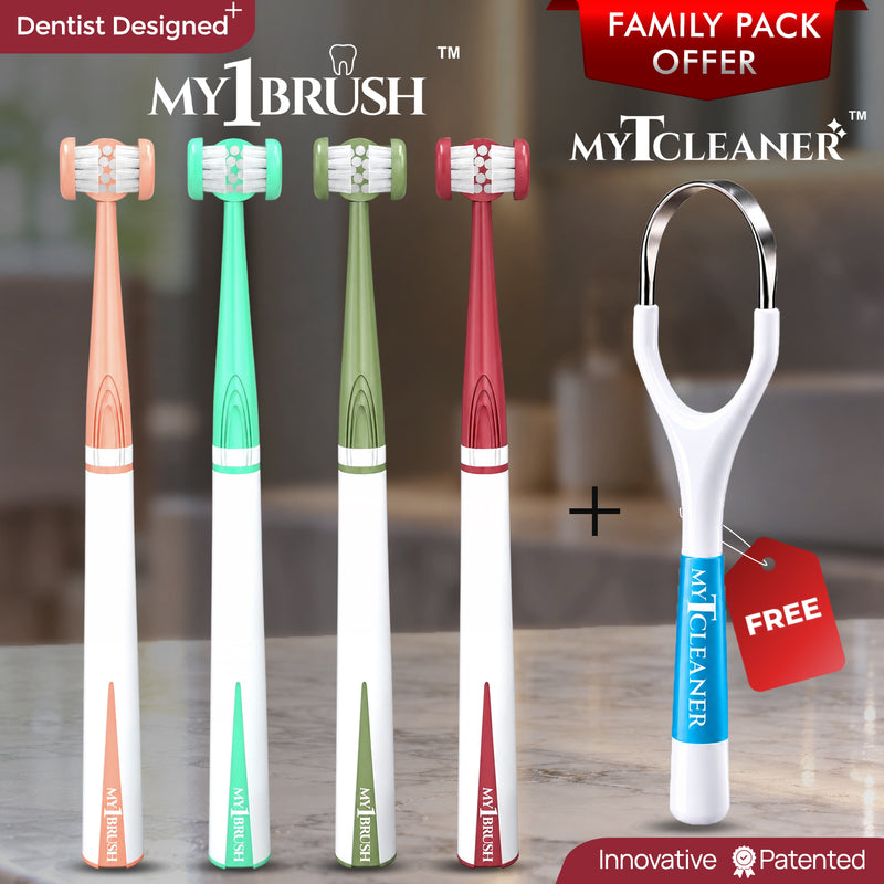 My1Brush Family Pack + MyTCleaner | 4 Toothbrushes + Tongue Cleaner